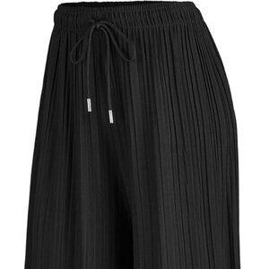 Pleated Wide Leg Palazzo Pants with Drawstring - Black